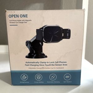 Cell phone holder with magnetic car charger - Open One